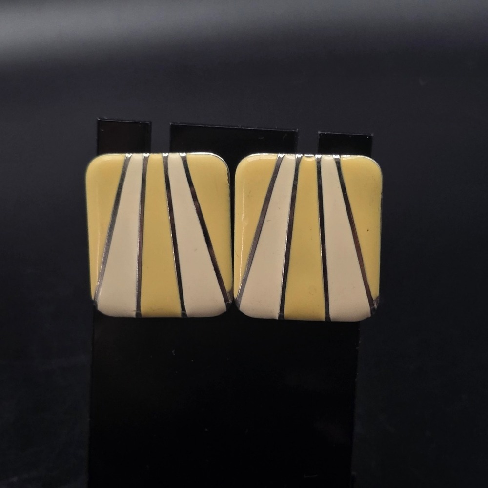 Yellow Enamel Striped Square Earrings Pierced Sun Rays Vintage 1980s